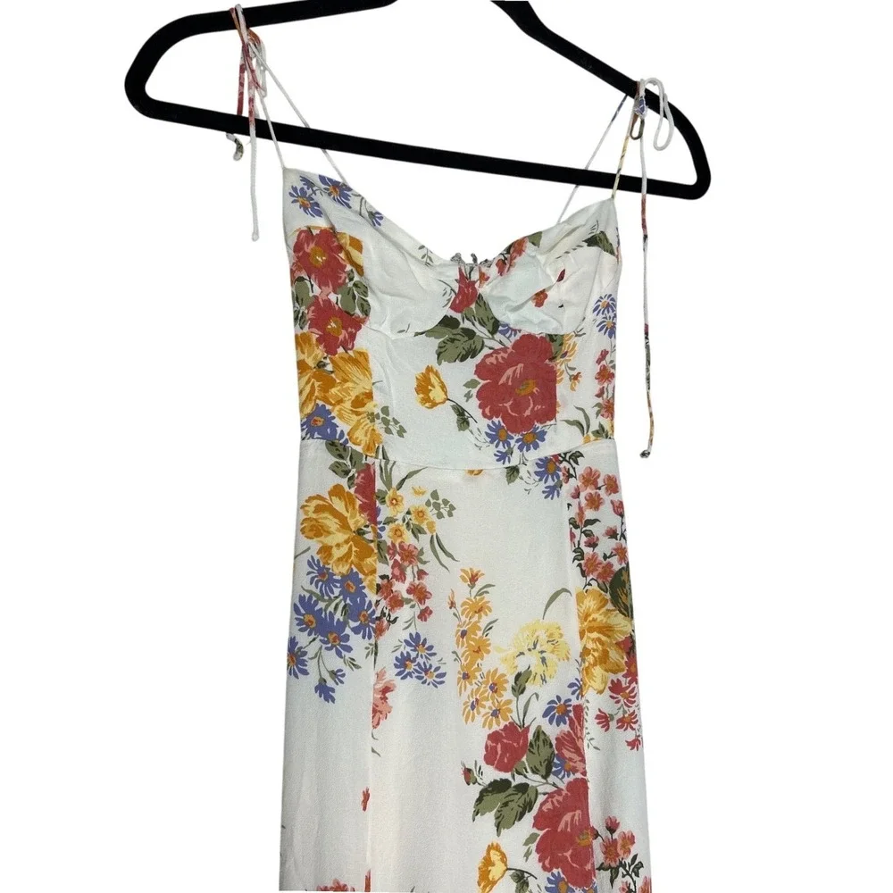 Reformation Slit Leg Tie Strap Midi Dress Ivory Red‎ Yellow Blue Floral Size 2